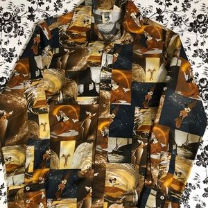 VTG 70s Mickey Disney Fantasia Movie All Over Print Shirt Button Keningt…